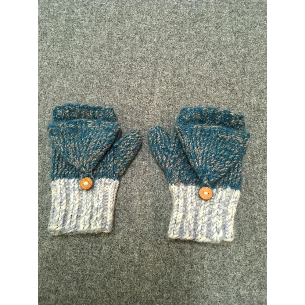 Handmade Convertible Mittens Kids Ages 4-8 Blue 100% Wool Flip Top Gloves
